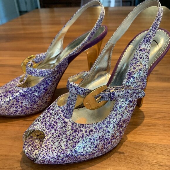 Giorgio Piergentili peep toe sling back heel, metallic gold, ivory, purple, s 6 - Picture 1 of 15